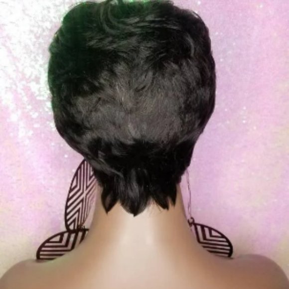 Razor Cut Pixie Cut Peruvian Remy Human Hair Wig Swoop Bang Black Hair Wig - Picture 2 of 7